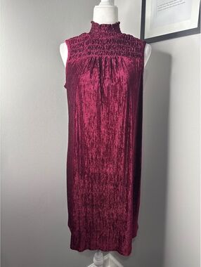 Nina Leonard Sleeveless Burgundy Velvet Dress with Smocked Neck, Size Small
